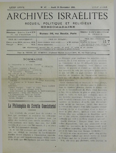 Archives israélites de France. Vol.72 N°47 (23 nov. 1911)